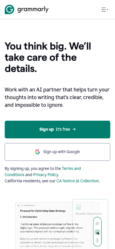Grammarly landing page